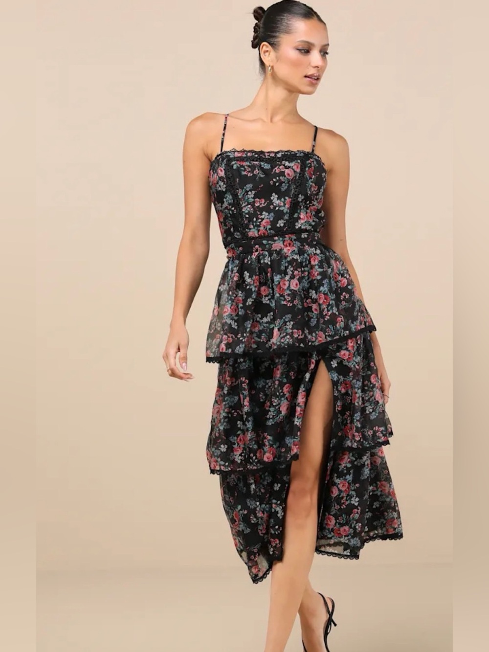 Lulus Kimbra Black Floral Backless Tiered Midi Dress M NWT